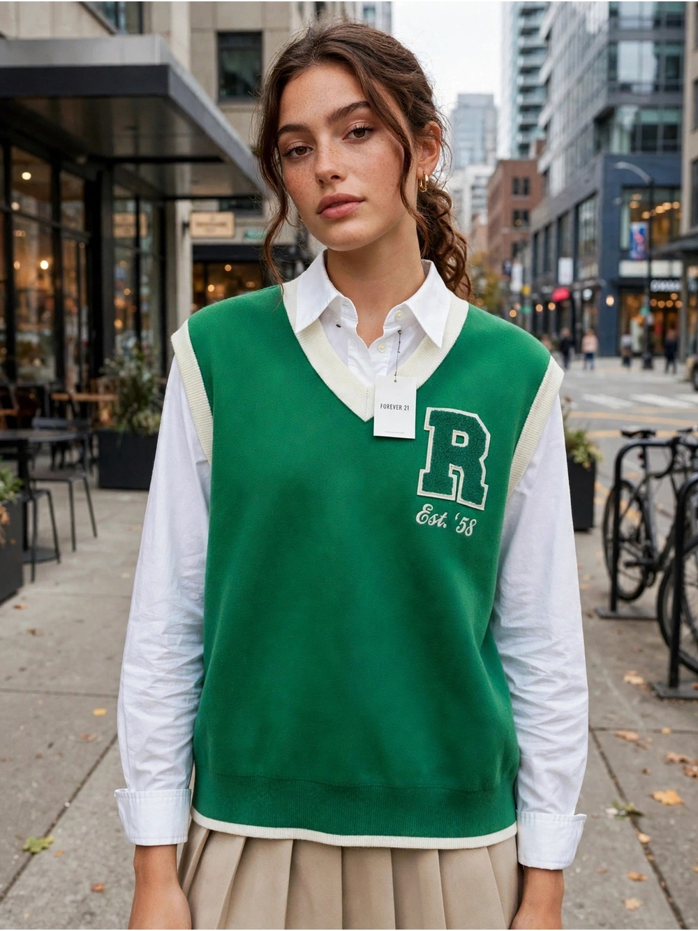 Reebok collab with Forever 21 Green V-Neck Varsity Sweater Vest with Cream Trim